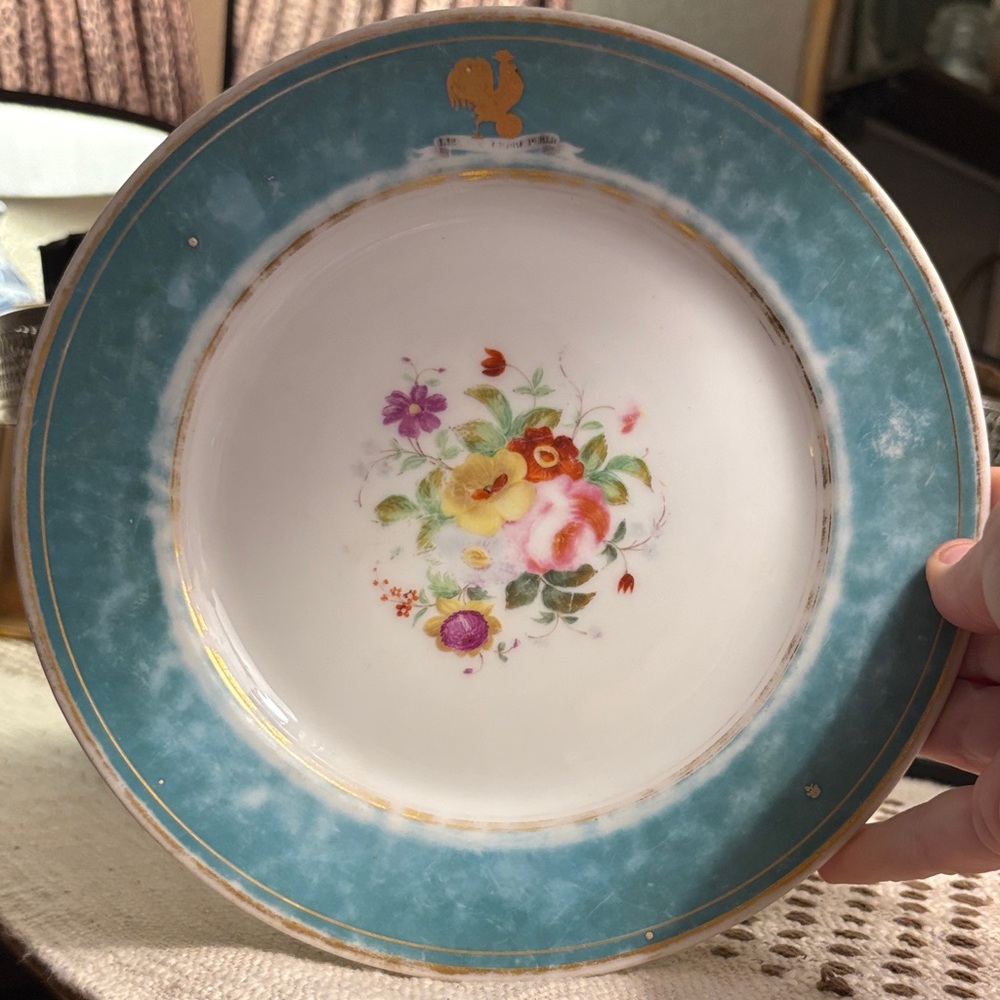 Vintage Floral Patterned Plate with Teal and Gold Accents